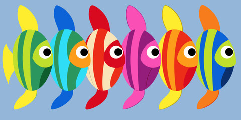Fototapeta premium Colorful Cartoon Fish Swimming Together in a Row Featuring Bright Stripes and Cheerful Design on a Light Blue Background
