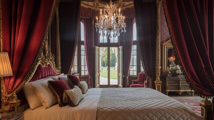 Luxurious bedroom with grand canopy bed and ornate chandelier