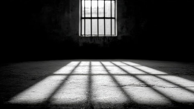 Prison Cell Window Casting Shadows On Floor. Symbolizes Confinement And Isolation