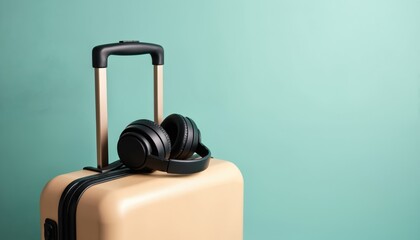 Stylish tan suitcase with black headphones rests on top, ready for travel. Minimalist design highlights a modern accessory for vacation packing, journey preparation, and exploring new destinations.