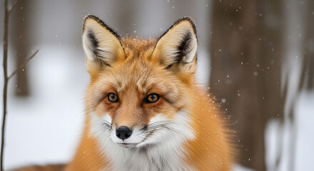 Obraz premium Close up portrait of a red fox in a snowy forest during winter