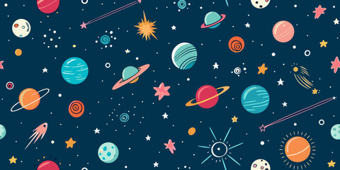 Colorful Hand Drawn Space Pattern with Planets Stars Comets and Asteroids on a Dark Blue Background for Kids and Adults
