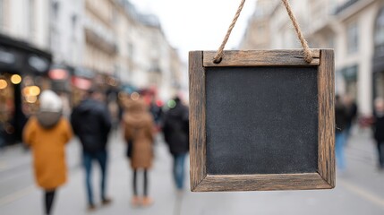Hanging Blank Chalkboard Sign On Busy Urban Street. Ideal For Custom Messages And Advertising