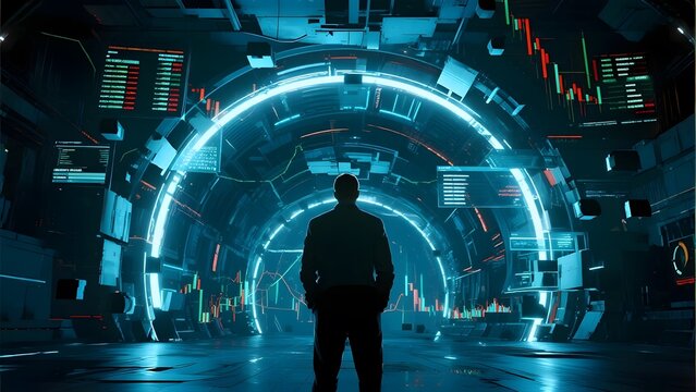 A solitary figure stands before a glowing, futuristic portal in a high-tech environment.