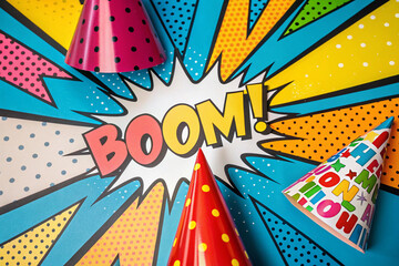 Comic Book Style Explosion with Party Hats and " BOM" Text boom celebration