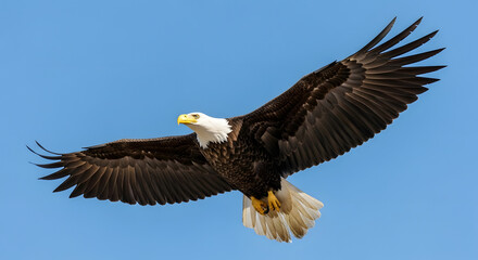 Fototapeta premium Bald eagle soaring majestically against a clear blue sky