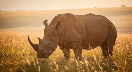 Obraz premium Rhino grazing in tall grass during a golden sunset in africa