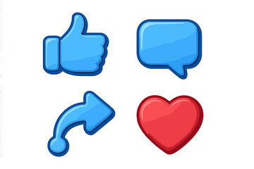 Naklejka premium Social media icon set. 3D cartoon style like, comment, share, love buttons. Vector illustration. Thumbs up, speech bubble, arrow, and heart symbols for user engagement.
