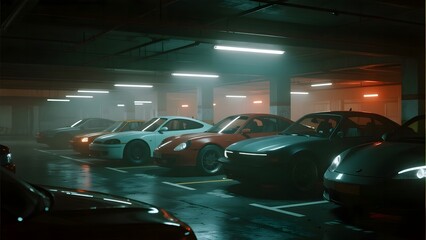 Row of sleek sports cars parked in a dimly lit underground garage with reflective floors and ambient lighting.