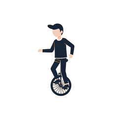 A stylized figure balances precariously on a unicycle against a bold black backdrop.