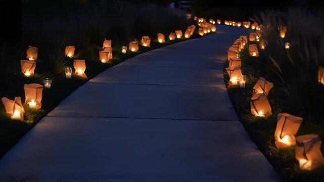 Walkway Lit by Paper Bag Luminaries at Night