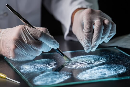 Forensic scientist examining fingerprints using specialized tools in a laboratory with high-resolution analysis techniques