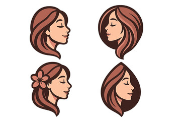 Woman face logo set for beauty, spa, salon. Vector illustration of female profile with elegant hair & flower. Feminine icon for cosmetics, skincare, wellness brand concept.