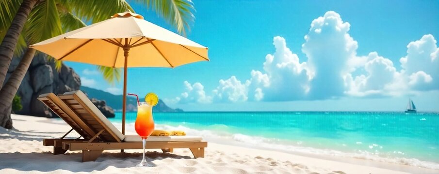A vibrant summer scene featuring a beach umbrella, sun loungers, and refreshing cocktails, perfect for a relaxing holiday getaway Ideal for travel and vacation promotions , coastal, august