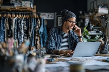 Busy entrepreneur working in a fashion workspace during the day while on a phone call, surrounded by clothing racks and creative materials