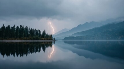 Lightning Strikes Over Serene Lake And Forested Mountains. Nature'S Power And Tranquility
