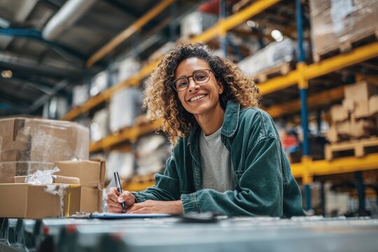 Woman completing inventory tasks while working in a busy warehouse in the afternoon sunlight