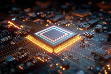Cutting edge chip accelerator processor illustration showcases advanced technology for enhanced computing performance and efficiency in modern devices