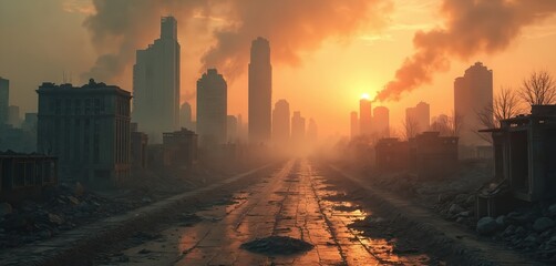 Apocalyptic city scene with destroyed buildings under a hazy orange sky. A desolate road leads through rubble and debris. Smoke plumes rise, signifying the aftermath of war or disaster.