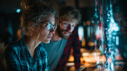Fototapeta premium Two individuals focus intently on a digital display in a contemporary workspace. The atmosphere is dimly lit, highlighting their collaboration and innovative ideas as they explore technology.
