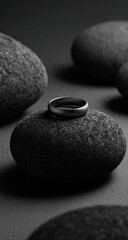 A dark, simple ring sits atop smooth, dark stones