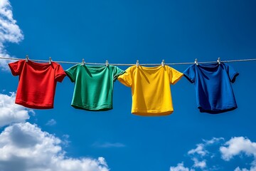 Colorful T-shirts Drying on a Clothesline under a Sunny Sky