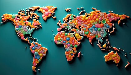 Abstract world map crafted from colorful recycled plastic waste. Continents like America, Asia, Africa, Europe, Australia formed by textured collage of green, blue plastic debris. Artwork conveys