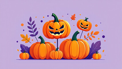 Spooky Halloween Pumpkins and Autumn Leaves on a Whimsical Purple Background Decoration for Holiday Festivities