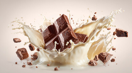 World Chocolate Day celebration with rich chocolate splash and creamy milk splash on clean white background, high detail, bright lighting, realistic texture, professional product photography style