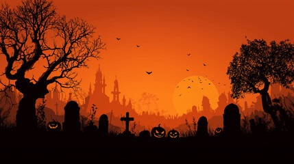 Halloween Silhouette: A haunting scene of Halloween featuring silhouette of graveyard, spooky castles, ominous tree under an orange sunset sky, creates an atmosphere of mystery.