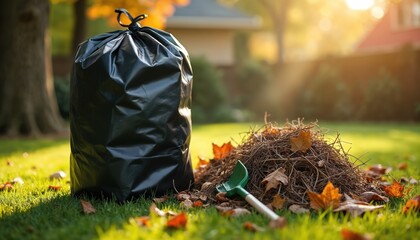Black rubbish bag stands next to pile of leaves, sticks on green grass lawn. Garden cleanup, waste removal, yard maintenance task symbolized by scene. Autumn season debris collection for composting