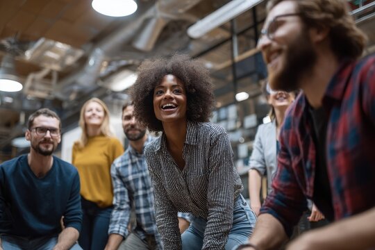 Diverse coworkers participate in engaging team building activity in a modern office setting during late morning hours - Powered by Adobe