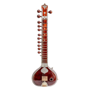 Traditional indian sitar musical instrument with intricate detailing and decorative elements isolated on transparent background