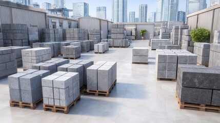 Cement block construction site organized storage yard for building materials in urban environment