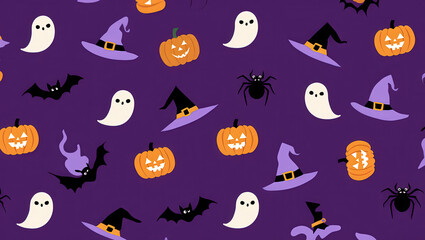 Playful Halloween seamless pattern featuring cartoon ghosts, jack-o'-lanterns, spiders and witch hats