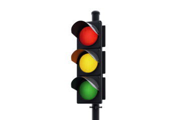 Traffic signal with red yellow and green lights standing isolated on a white background highlighting essential road safety and signal communication concepts