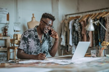 Busy entrepreneur managing fashion projects in a stylish workspace, showcasing creativity and dedication during a productive day