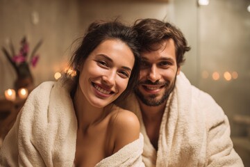 Fototapeta premium Happy couple enjoying relaxation at a spa salon during a peaceful evening with soft candlelight creating an inviting atmosphere for rejuvenation and connection