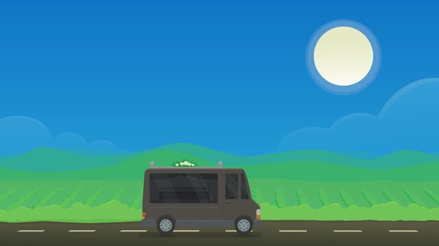 Side view animation loop of a hearse van driving through the countryside under a blue sky (flat design)