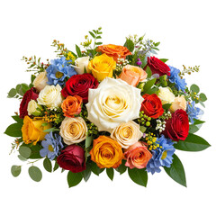 Bouquet of flowers rose mixed color orange green red pink white yellow white blue full hd png cut out image photo picture download By Creative Stocker