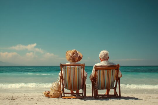 Senior couple enjoying a peaceful afternoon on the beach while sitting on lounge chairs by the ocean waves under a clear blue sky - Powered by Adobe