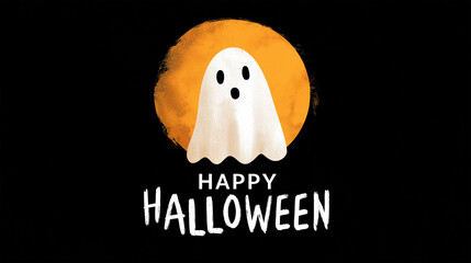 Spooky Greetings: A whimsical Halloween graphic with a friendly ghost against an orange moon, the perfect imagery for invitations, greeting cards, or festive social media posts. 
