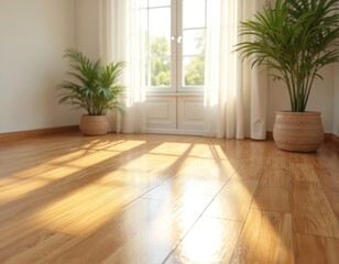 Fototapeta premium Sunlight streams across shiny wooden floor in bright room, reflecting patterns from window. Potted green plants add life to serene, comfortable living space, creating tranquil atmosphere.