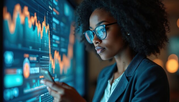 African businesswoman wearing glasses analyzes data on futuristic tablet with digital overlay displaying stock market charts. Holds smartphone, focusing on complex financial information for business