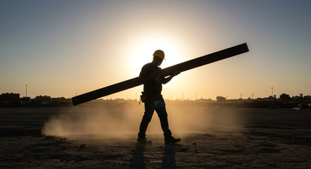 Silhouette of a construction worker carrying a long beam against the setting sun.