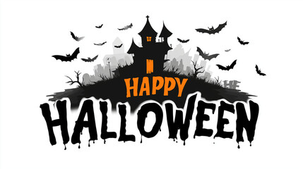 Spooky Halloween Greeting: A haunting castle silhouette, bathed in an eerie orange glow under a twilight sky with bats. Greeting viewers for a Happy Halloween.