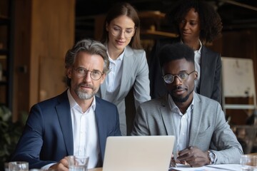 Caucasian male CEO collaborating with diverse team in modern office setting during business strategy meeting