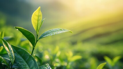 A fresh green tea plant with leaves glistening in the morning dew, on blurred background