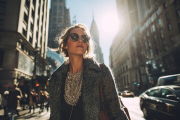 Fototapeta premium Fashionable woman enjoying a sunny day in Manhattan with skyscrapers and vibrant city life in the background