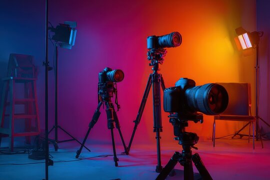 Modern photography studio setup featuring multiple cameras on tripods showcasing gigapixel standards and vibrant colored lighting in a controlled environment